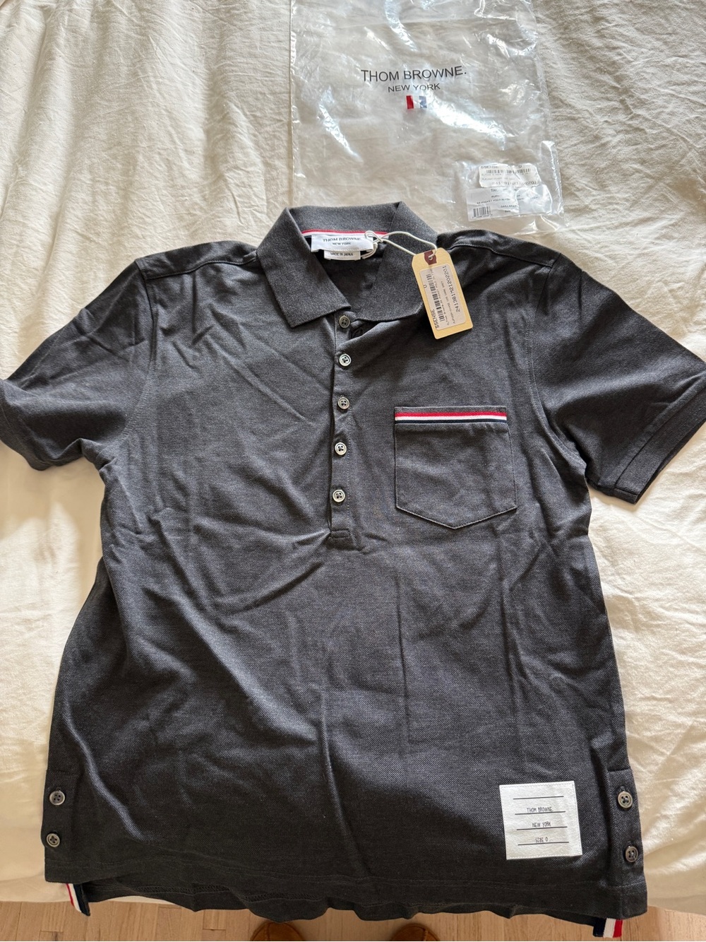 Thom Browne Charcoal Gray Short Sleeve Polo with Tricolor Pocket Trim